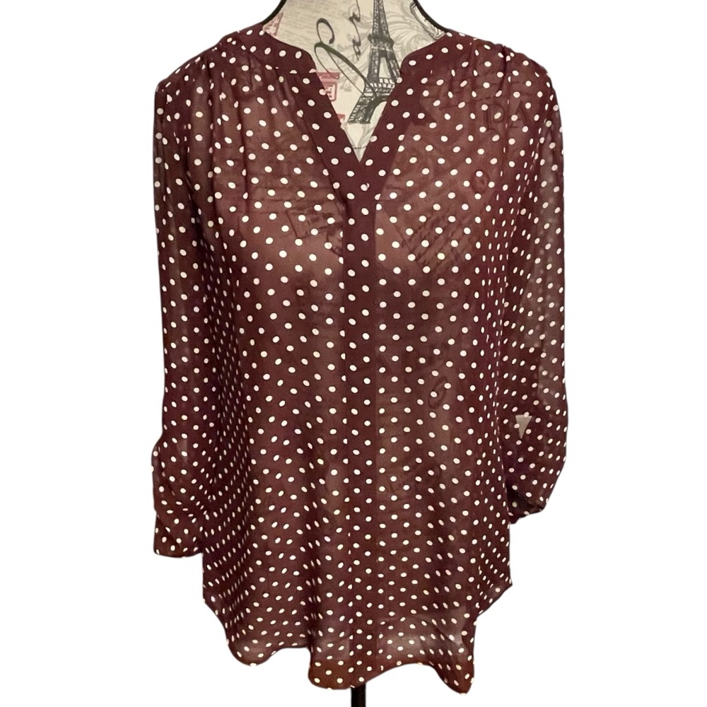 LOFT Burgundy and White Polka Dot Blouse